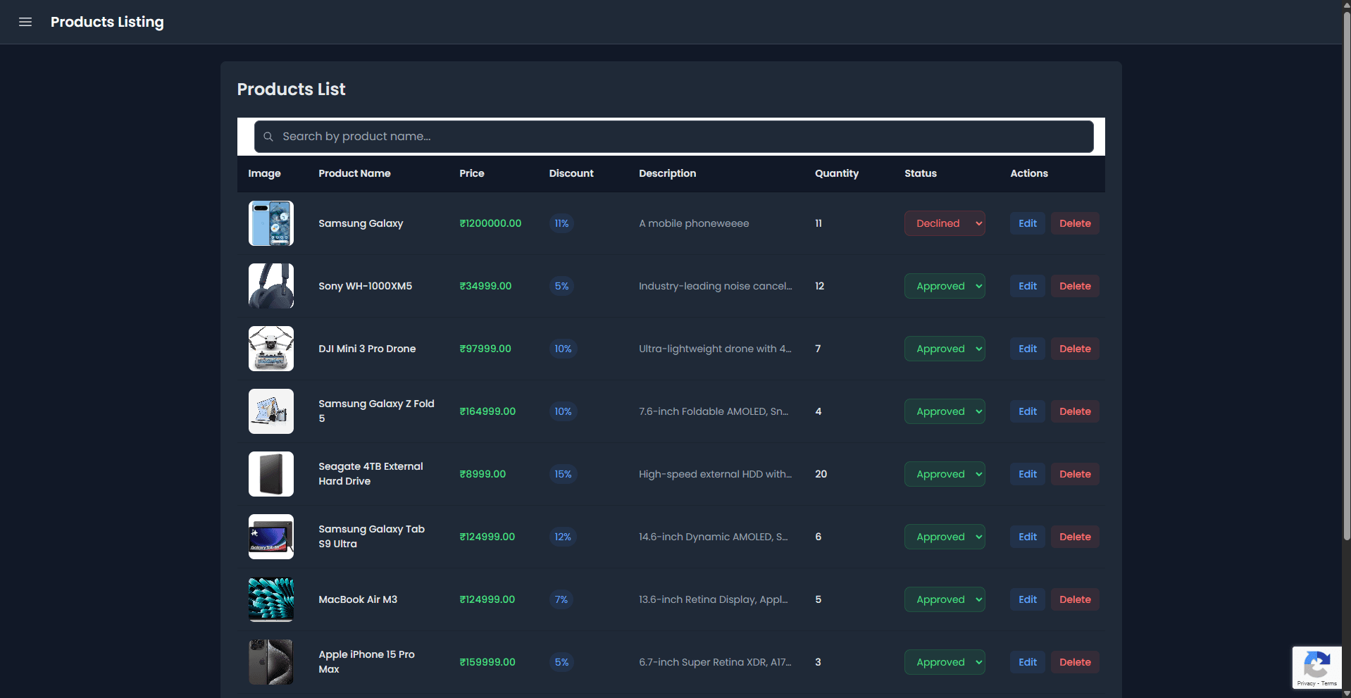 Admin Product Listings